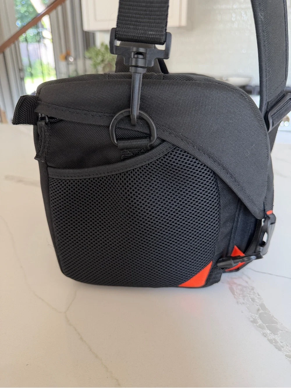 Sony Black Compact Messenger Camera Bag with Red Accent